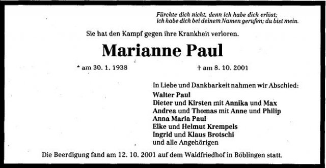 Paul Marianne 1938-2001 Todesanzeige